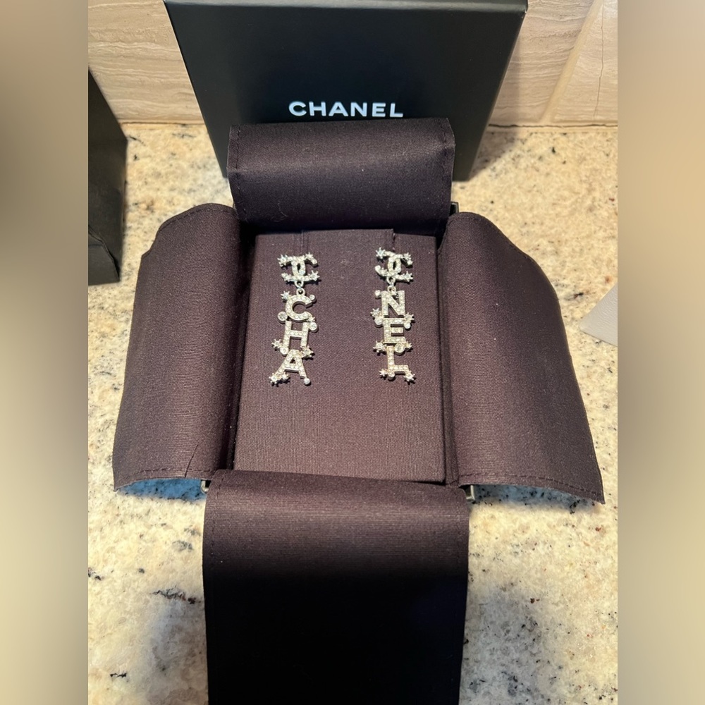 Chanel “23P” Pendant Silver Tone and Crystal Dangle Earrings - Picture 5 of 9